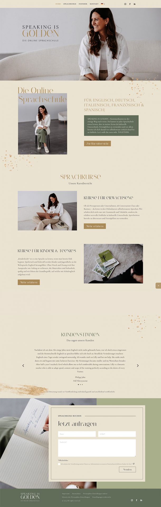 Screendesign einer Website in den Farben beige, gold und dunkelgrün